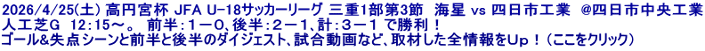 2026/4/25(土) 高円宮杯 JFA U-18サッカーリーグ 三重1部第3節  海星 vs 四日市工業  @四日市中央工業 人工芝G  12：15～。  前半：１－０､後半：２－１､計：３－１ で勝利！ ゴール&失点シーンと前半と後半のダイジェスト､試合動画など､取材した全情報をＵｐ！（ここをクリック）